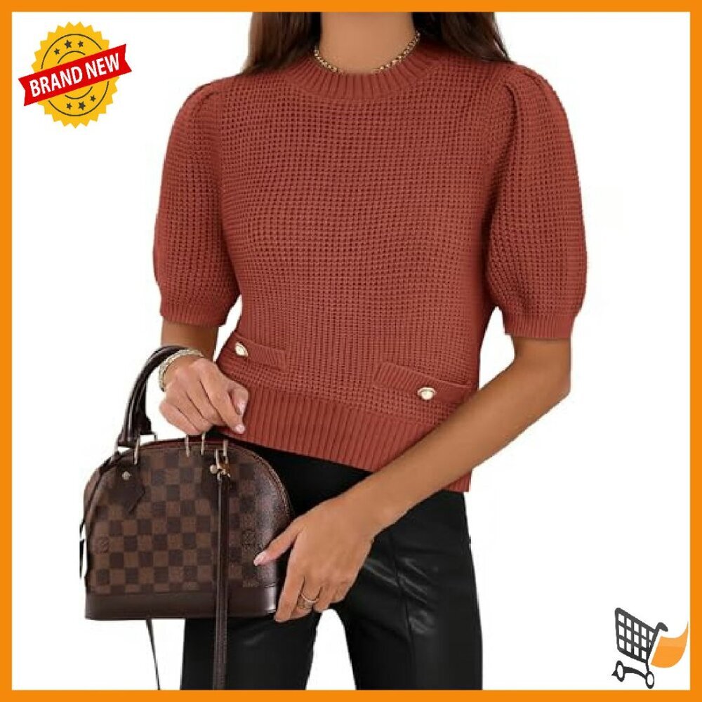 Cropped Ribbed Knit Sweater Puff Sleeves Lightweight Pullover Casual Loose Fit - Picture 2 of 8